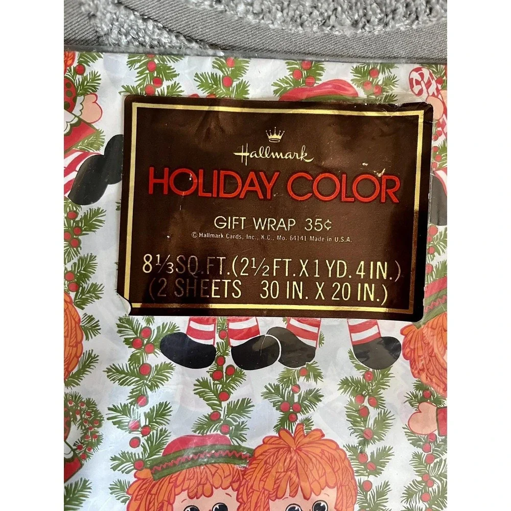 Vintage Hallmark Christmas Gift Wrap Raggedy Ann Andy 2 Sheets 30x20 Holiday